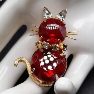 Vintage Cat Brooch, Red Clear Rhinestones, 1960s Vintage Jewelry